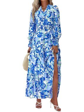 PrettyGarden Women's Floral Blue Sleeve V Neck A Line Flowy Maxi Long Dress
